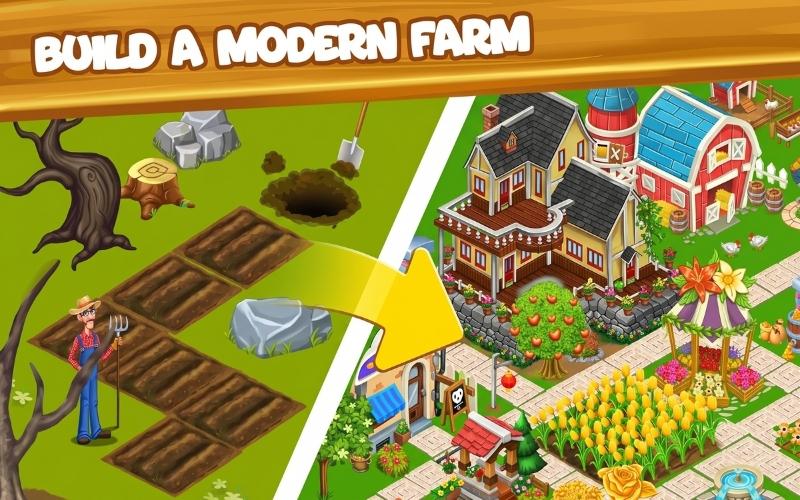 Các loài động vật dễ thương như bò và gà trong trang trại Farm Day Village