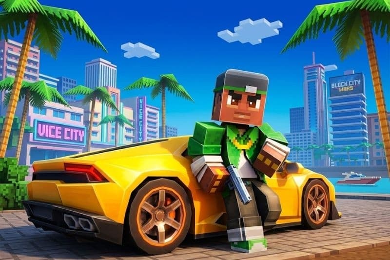 Nhân vật cầm súng bên siêu xe vàng trong Block City Wars MOD APK