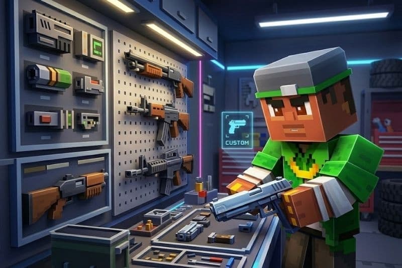 Kho súng pixel và vũ khí hiện đại trong game Block City Wars MOD APK