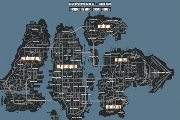 Bản đồ Liberty City hiển thị đầy đủ các khu vực Broker, Algonquin và Alderney