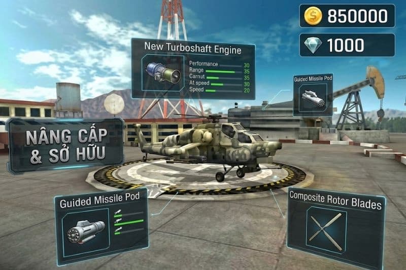 Giao diện nâng cấp động cơ và vũ khí trong Gunship Battle 3D 