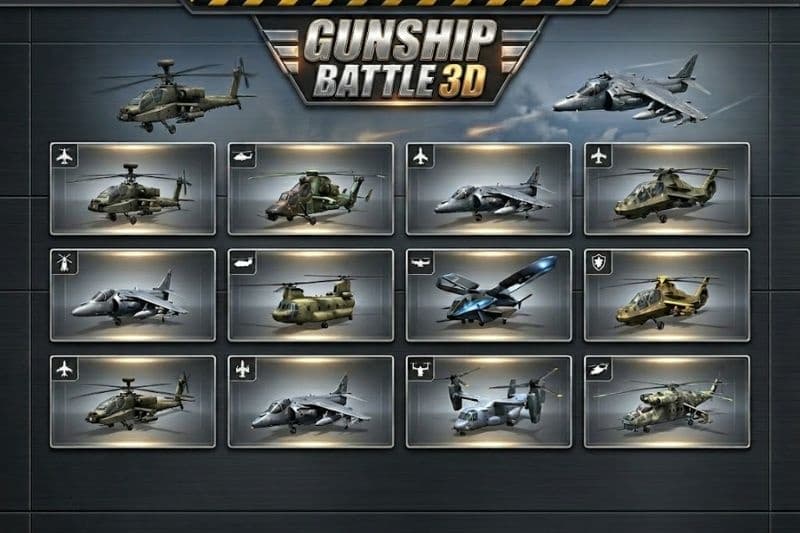 Nhiều loại máy bay trực thăng trong Gunship Battle 3D 