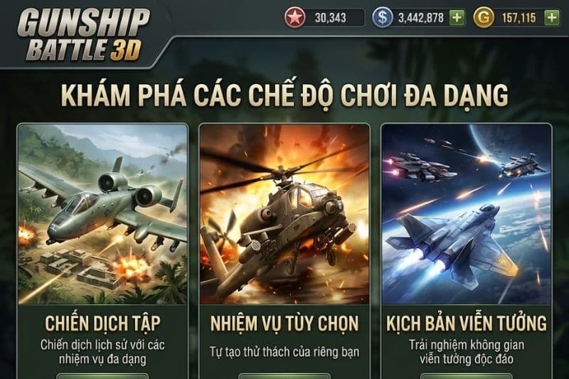 Khám phá các chế độ chơi đa dạng trong Gunship Battle 3D MOD APK