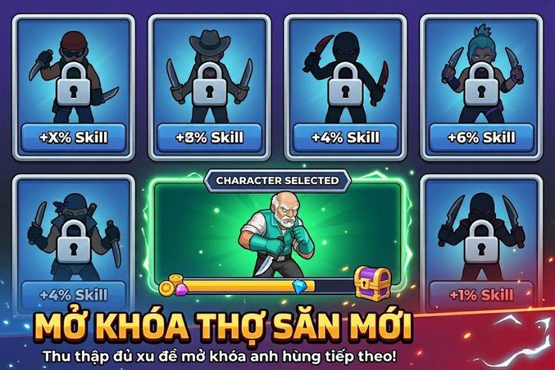 Danh sách các nhân vật thợ săn mới trong Hunter Assassin với các chỉ số tốc độ và máu khác nhau đã được mở khóa.
