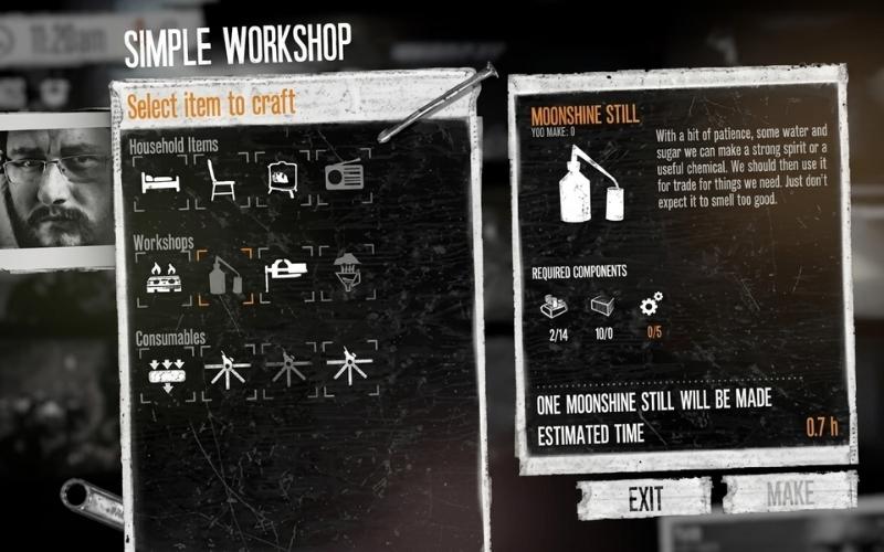 Giao diện nhiệm vụ chế tạo Simple Workshop trong This War of Mine